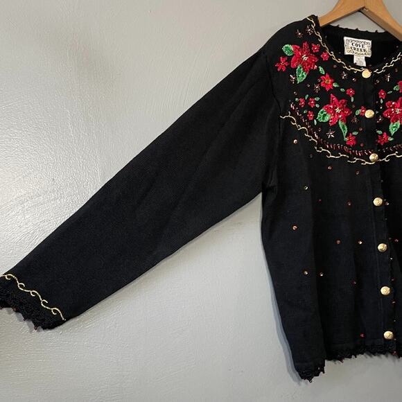 Cove Creek Size XL Black Embroidered Sequin Sweater Christmas Poinsettia Grandma - Picture 5 of 11